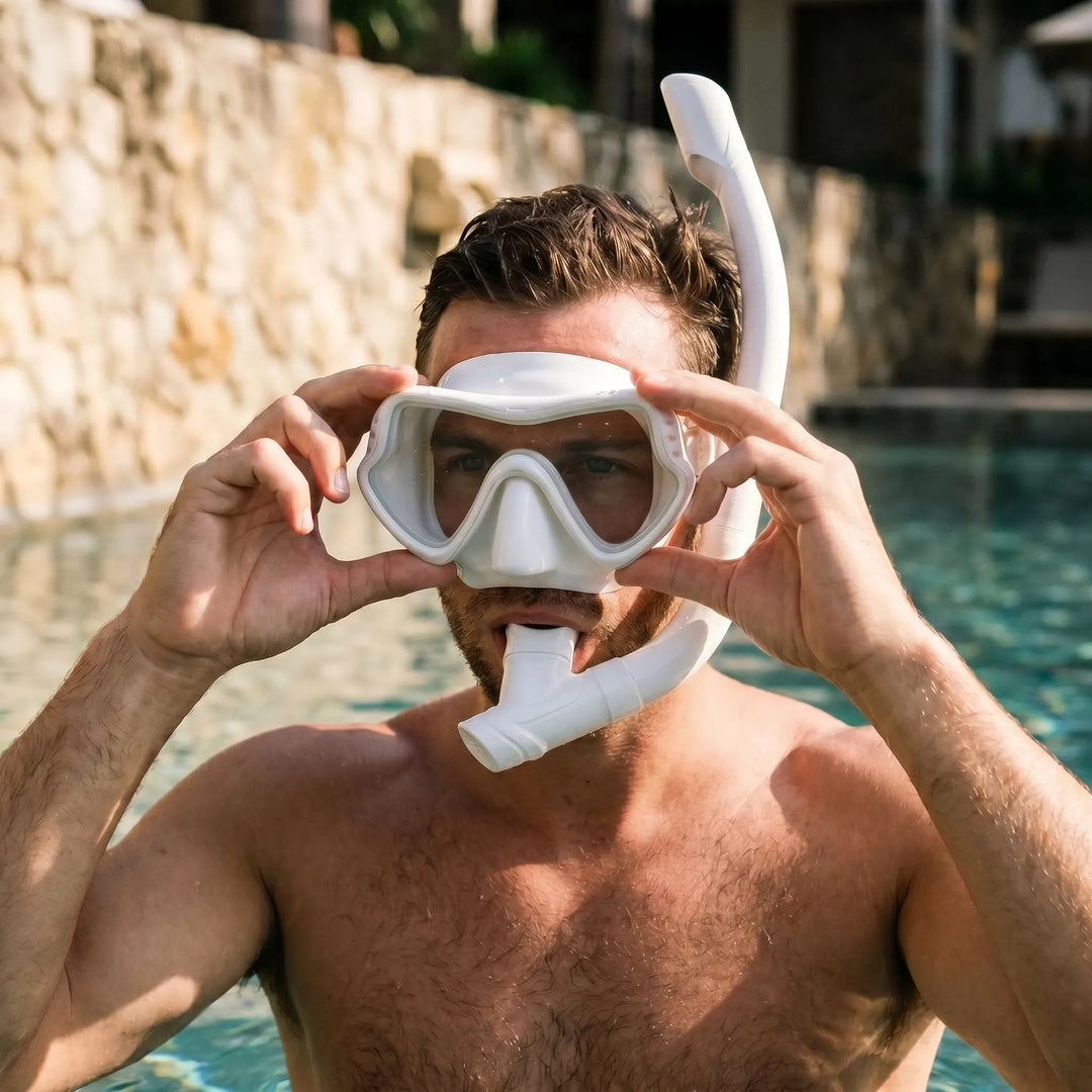 Unisex wide-view snorkeling mask for underwater exploration and diving water sports.