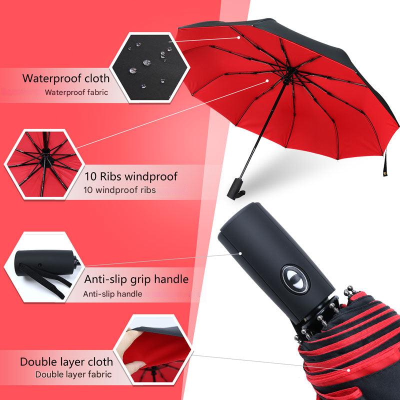 Foldable AeroShield umbrella, closed, next to a smartphone and keys, showing its small, portable size