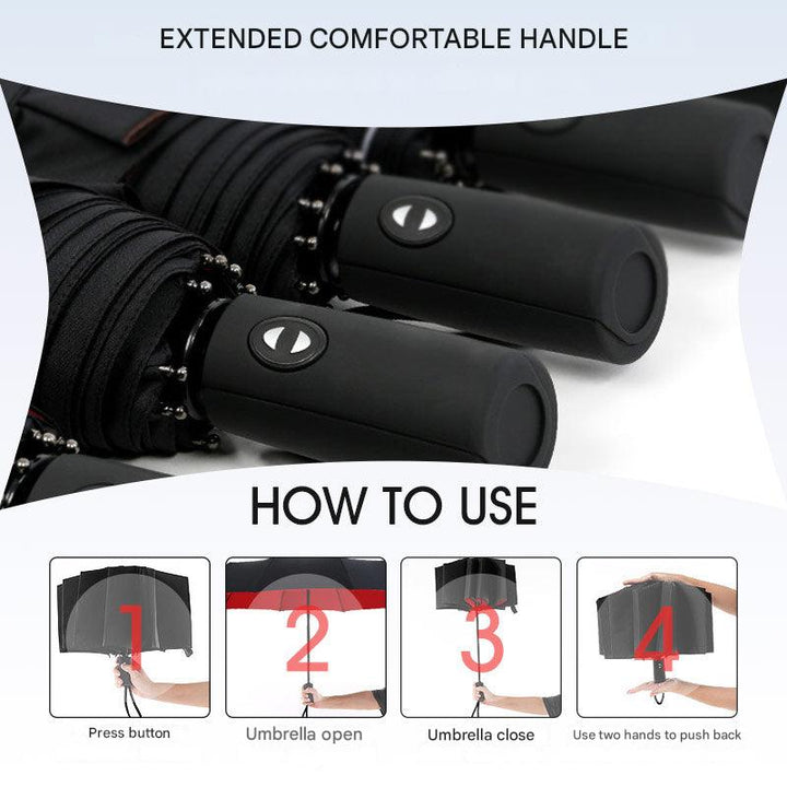 Weather protection with AeroShield: a durable, windproof compact travel umbrella standing upright in the rain