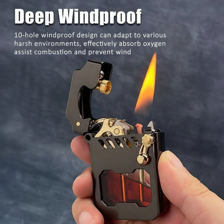 Industrial-style mechanical gear lighter. Windproof metal fire starter, essential for camping & EDC.