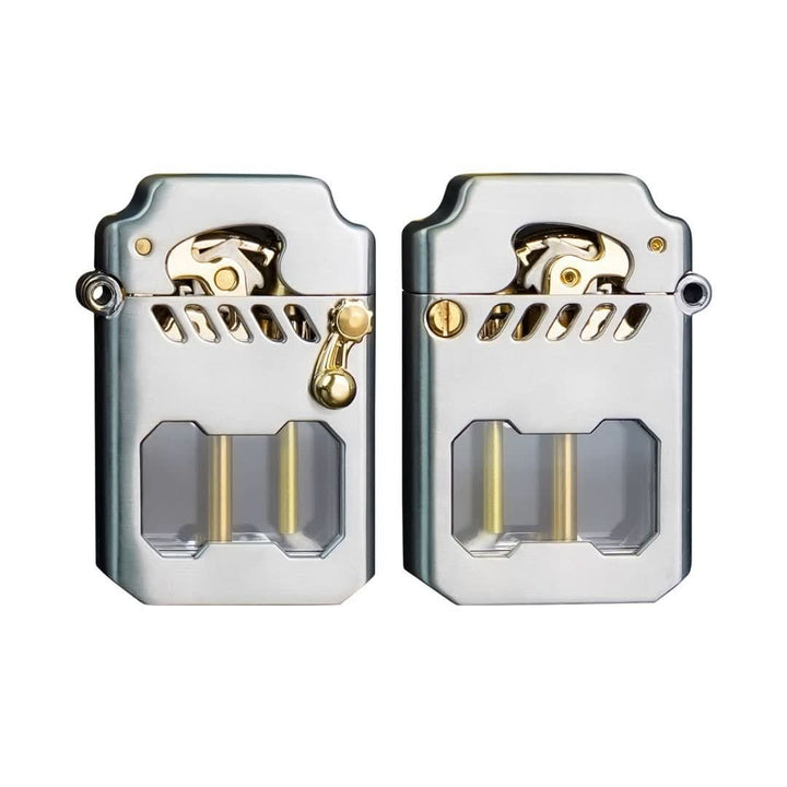Premium windproof mechanical lighter. Durable metal construction with visible gears, great for outdoor enthusiasts.
