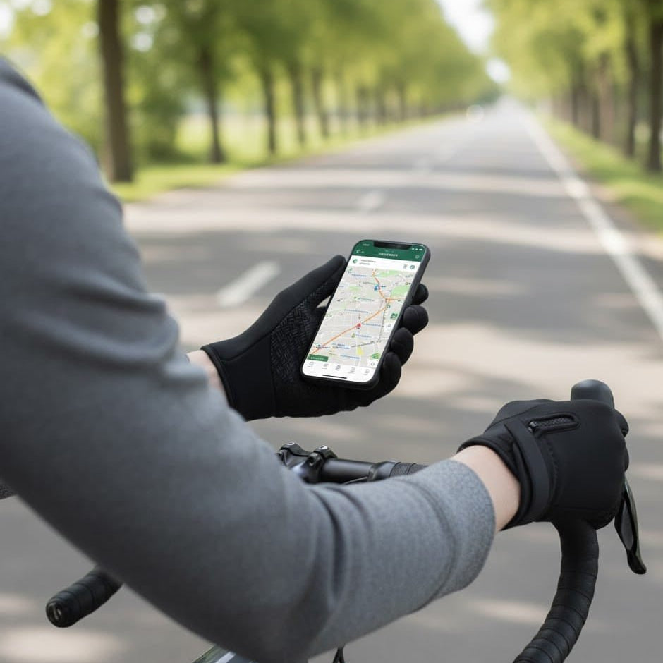 Black thermal touchscreen gloves, windproof & warm. Perfect for outdoor sports in cold weather.