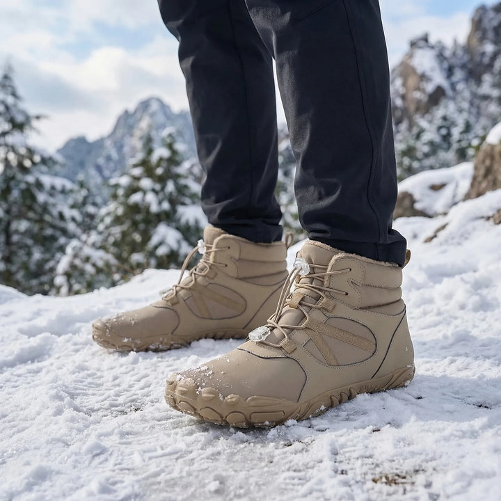 Unisex winter barefoot ankle boots, fleece-lined for warmth & natural feel on outdoor adventures.