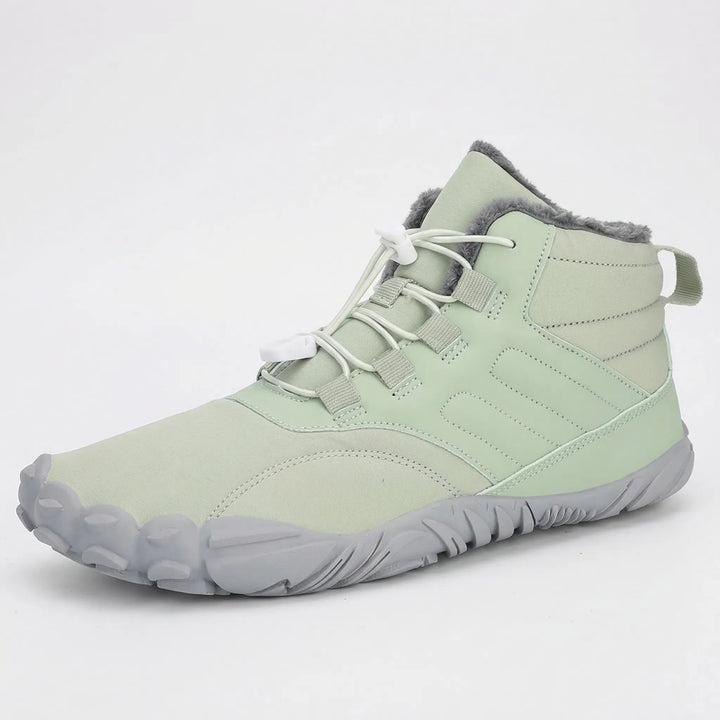 High-performance unisex outdoor barefoot ankle boots with traction sole for challenging winter terrain.