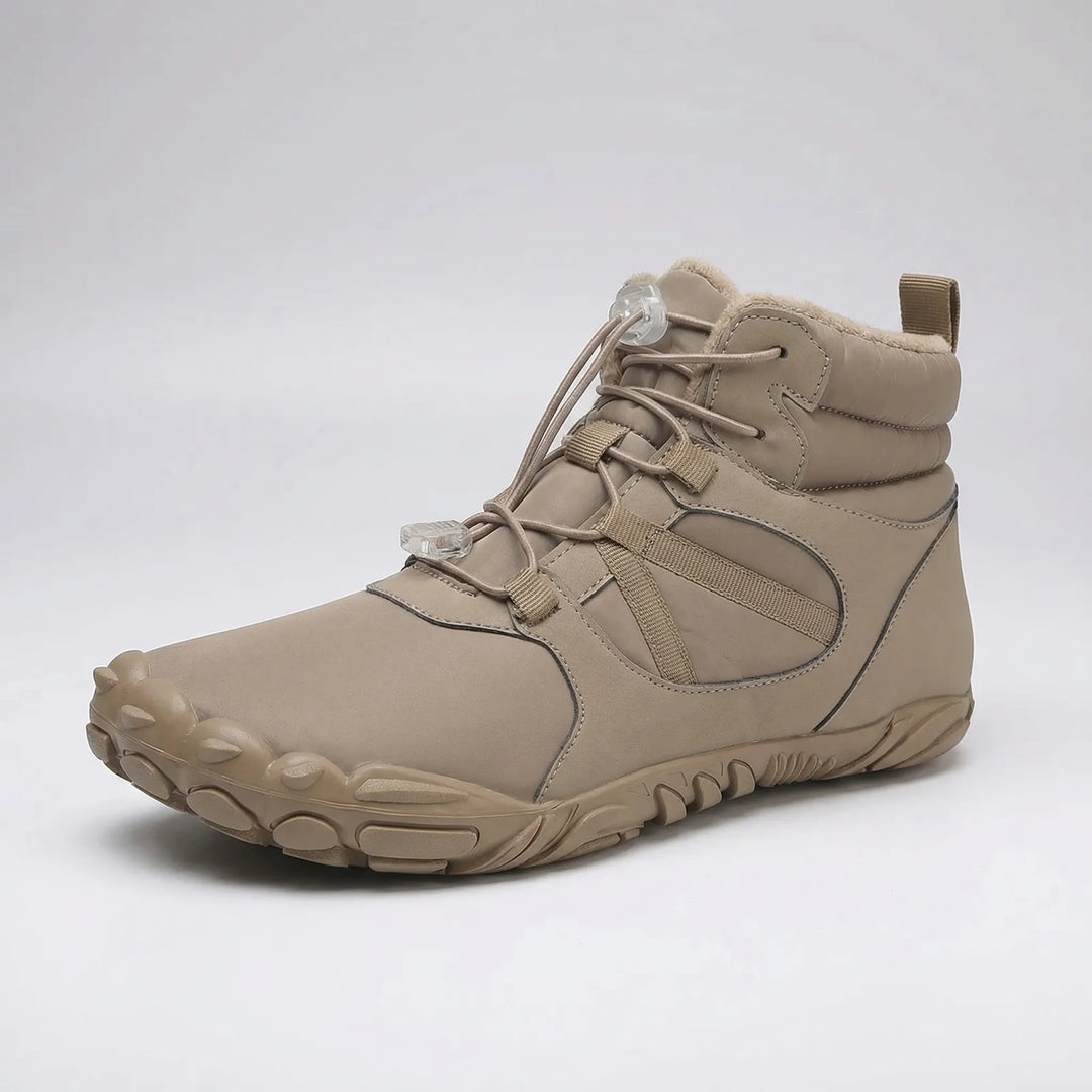 Water-repellent outdoor barefoot ankle boots with flexible sole & wide toe box for hiking & trekking.