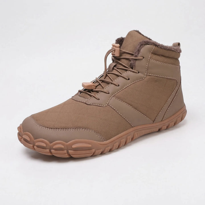 Fleece-lined unisex barefoot ankle boots, water-repellent & flexible for cold weather outdoor activities.