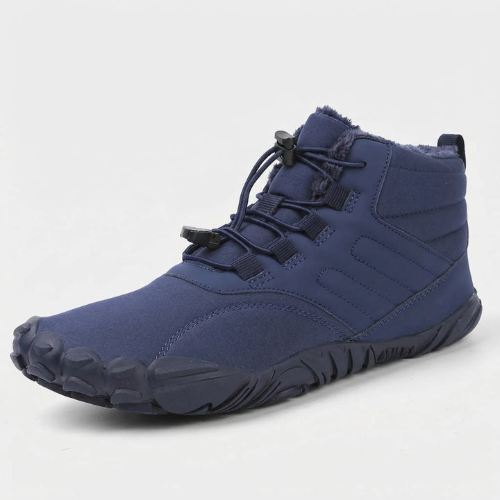 Durable unisex barefoot winter ankle boots designed for outdoor trekking, featuring a flexible sole.