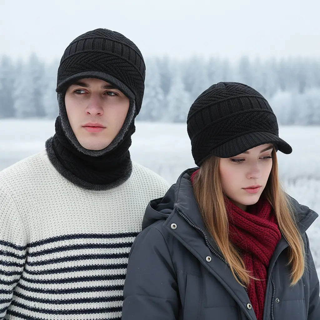 Unisex winter cap with integrated face protection for cold weather sports.