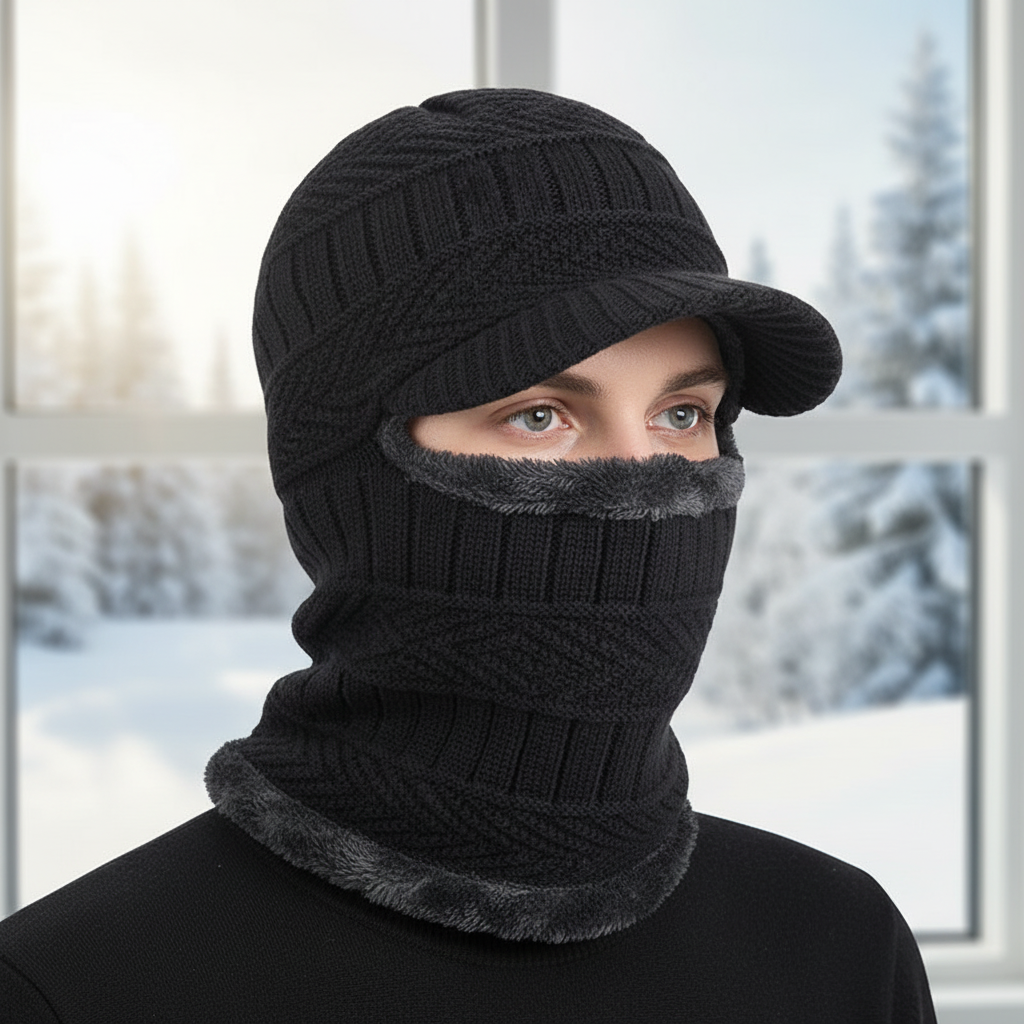 Thermal winter hat with neck warmer for skiing and snowboarding.
