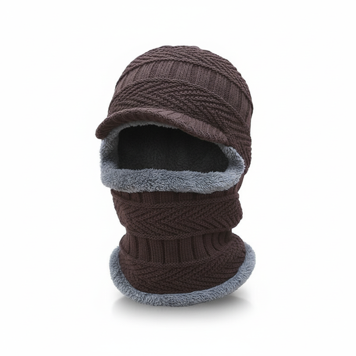 Cold weather gear: black unisex winter cap with integrated face mask.