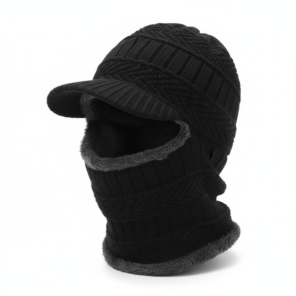 Versatile winter hat for outdoor activities, with attached face shield.