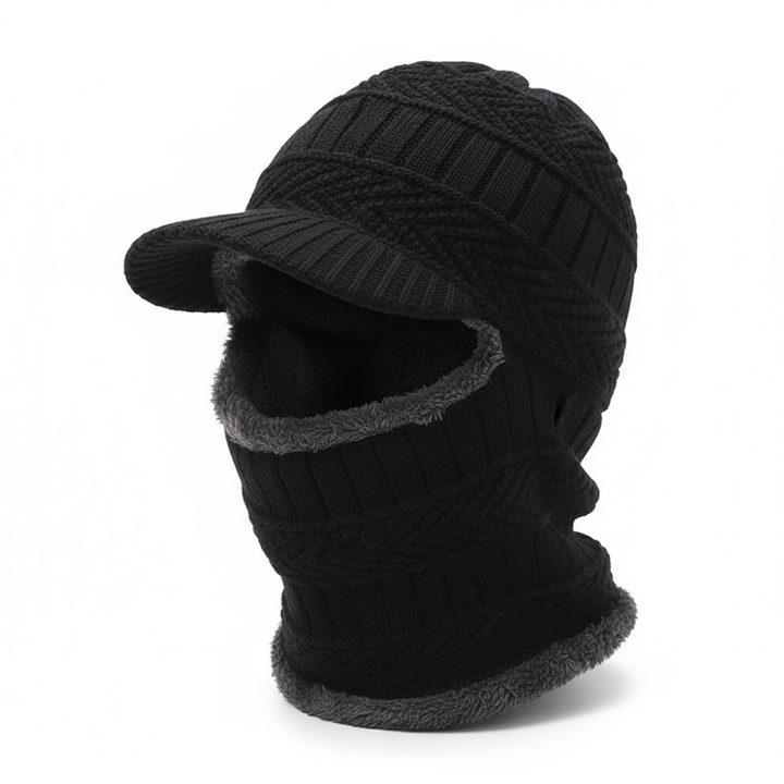 Versatile winter hat for outdoor activities, with attached face shield.