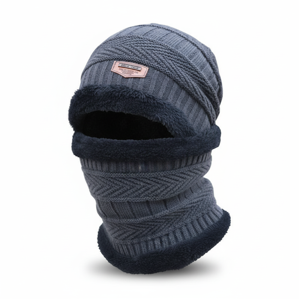 Stylish unisex winter hat with an integrated, adjustable face covering.