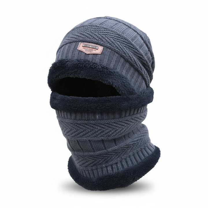 Stylish unisex winter hat with an integrated, adjustable face covering.