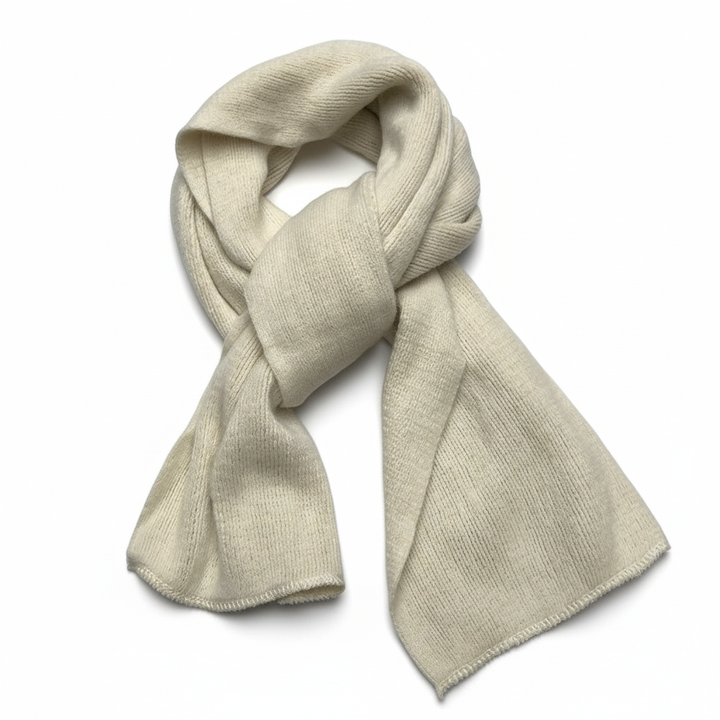 Unisex winter cashmere scarf laid flat, displaying its full size and soft, warm texture in blue