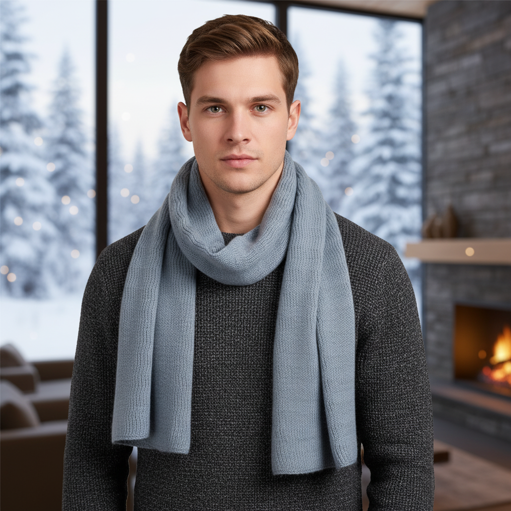 Close-up of a warm cashmere scarf, showcasing its soft texture and quality, ideal for winter