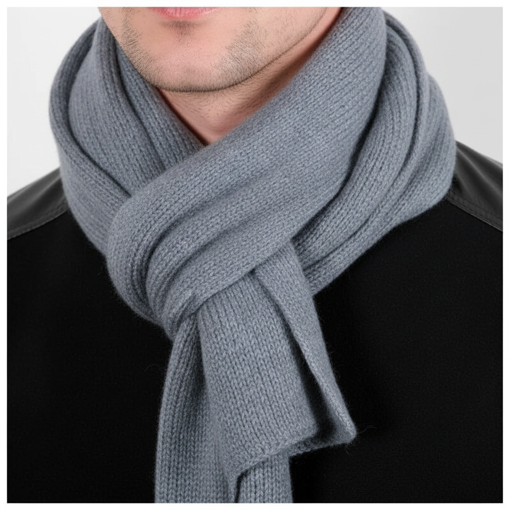 Stylish dark blue cashmere scarf draped, a soft luxury accessory and neck warmer for men and women
