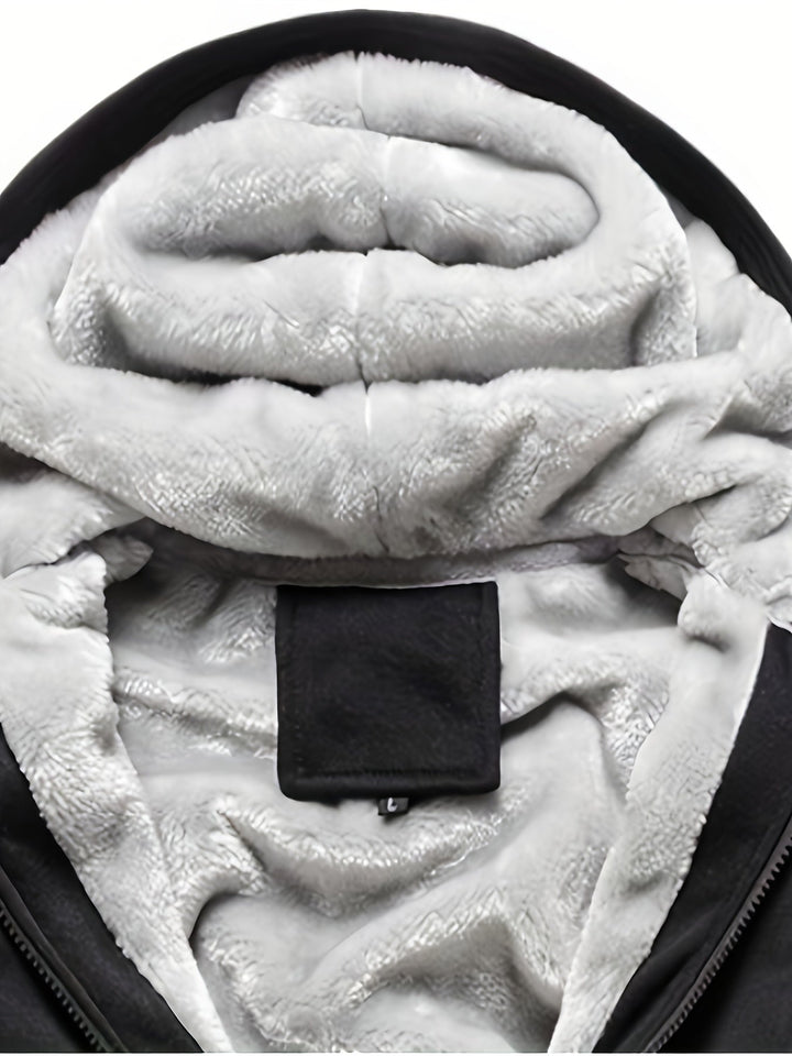 Modern unisex hooded winter jacket, color block design, warm fleece for all outdoor activities.