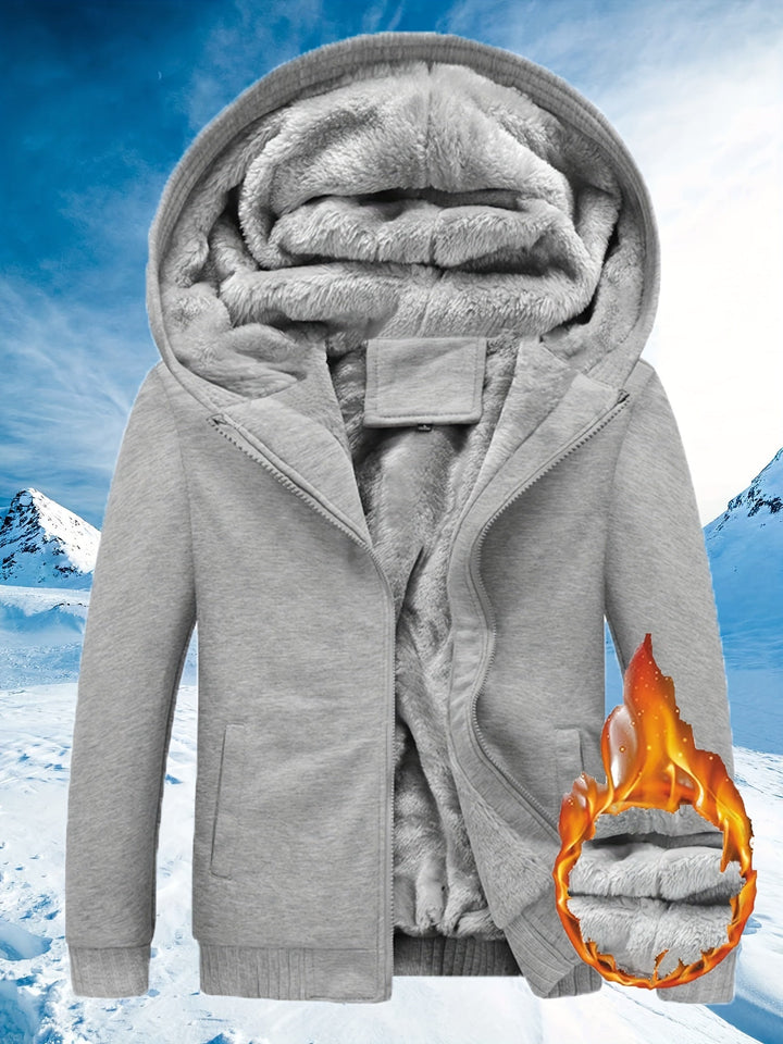 Warm fleece unisex winter jacket with hood, stylish color block design for cold weather.
