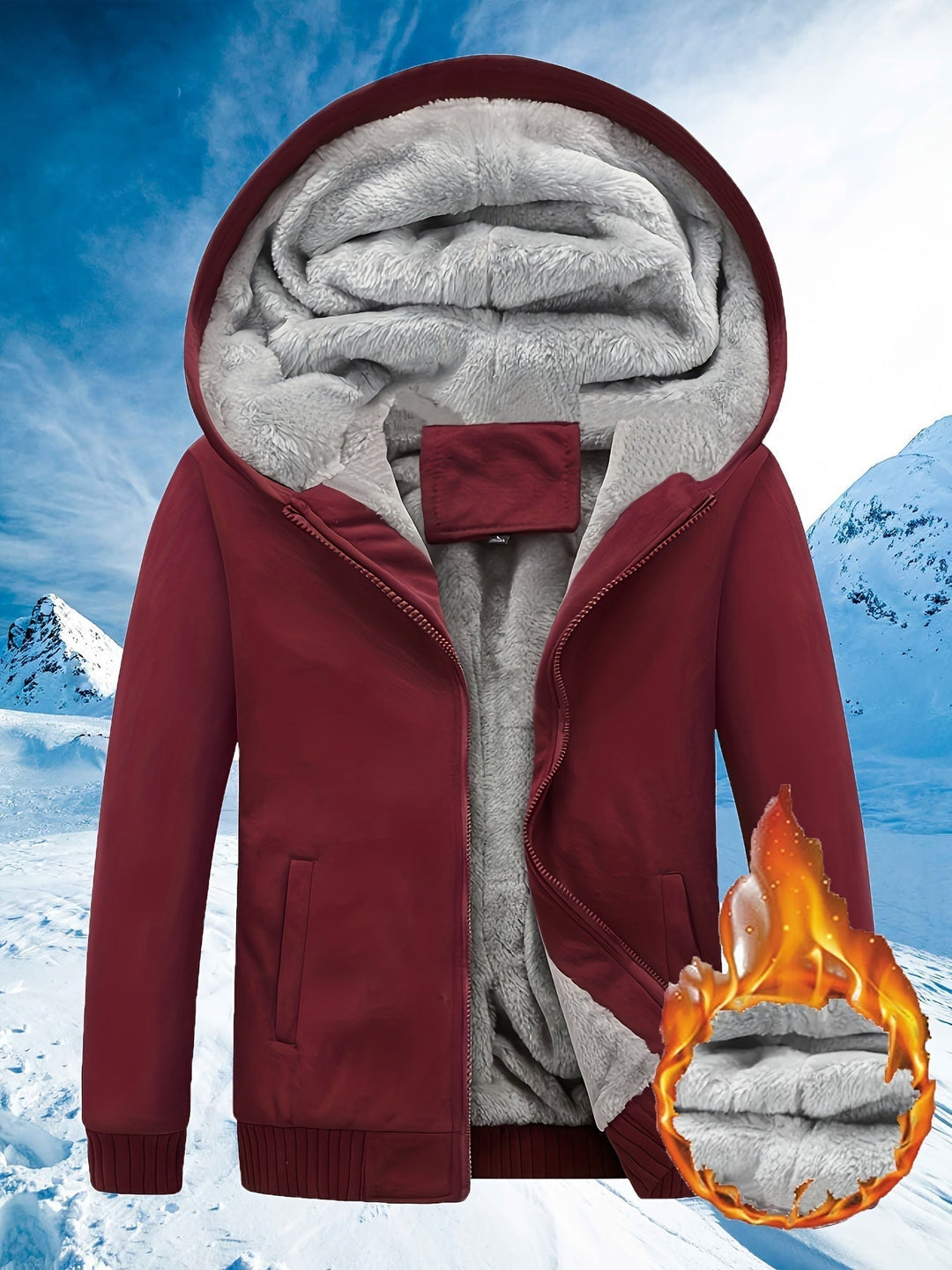 Cozy unisex winter fleece jacket with hood, color block pattern, ideal for cold weather casual wear.