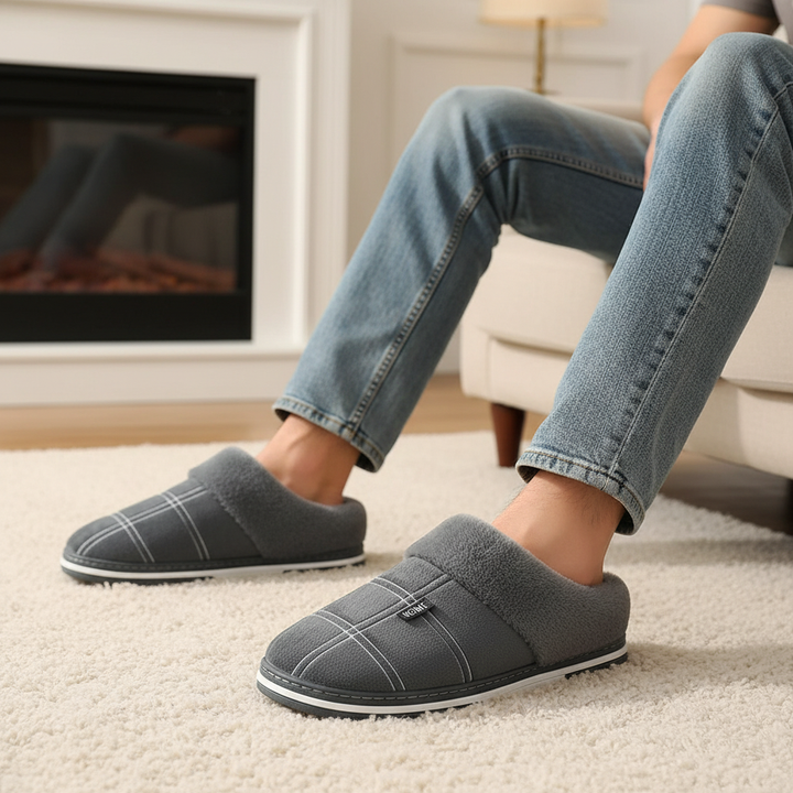 Unisex winter house slippers with geometric pattern, warm fleece lining, and non-slip sole for indoor comfort