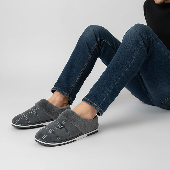Warm padded unisex house slippers featuring a stylish patterned upper and cozy fleece interior for winter
