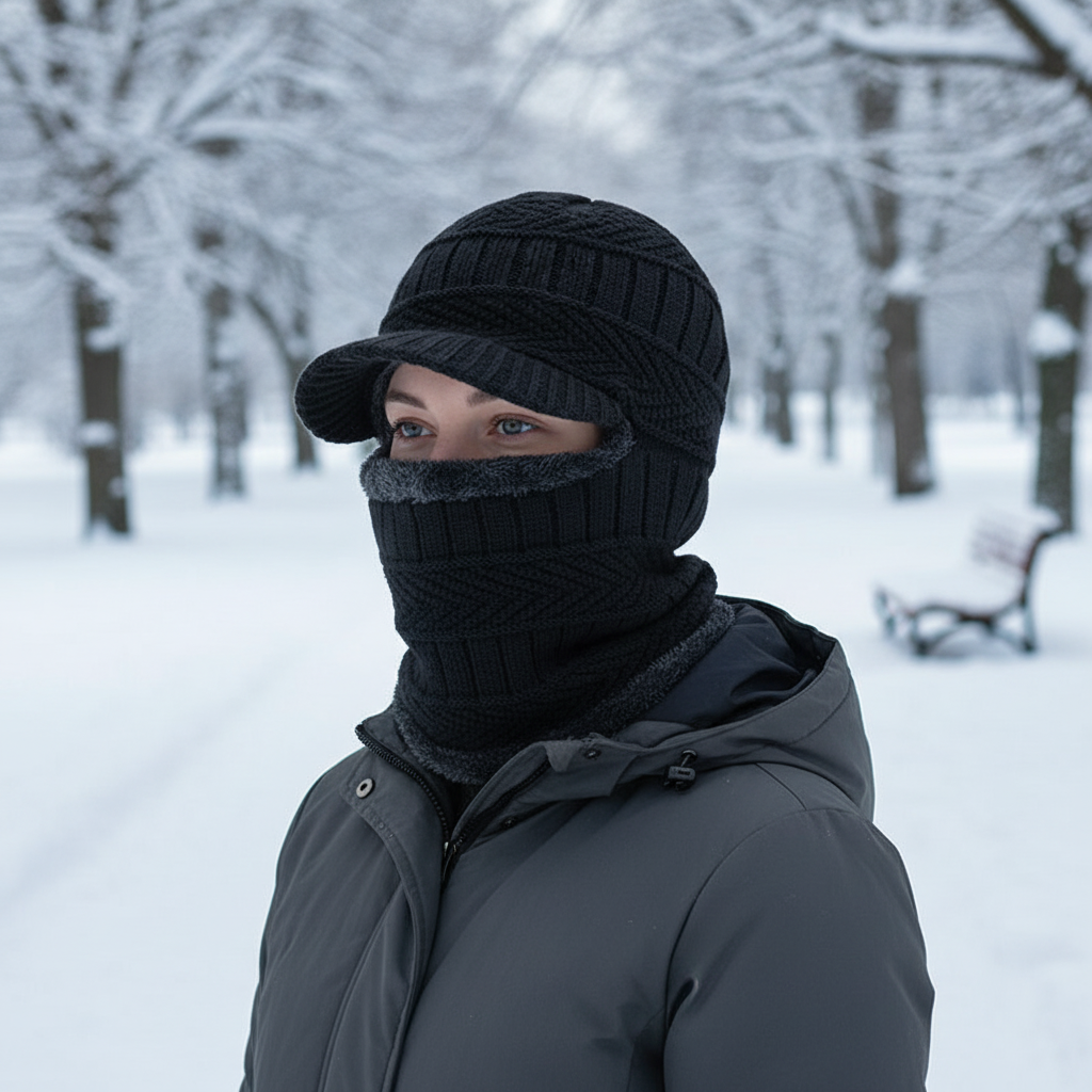 Unisex winter knit balaclava in black, integrated visor, warm