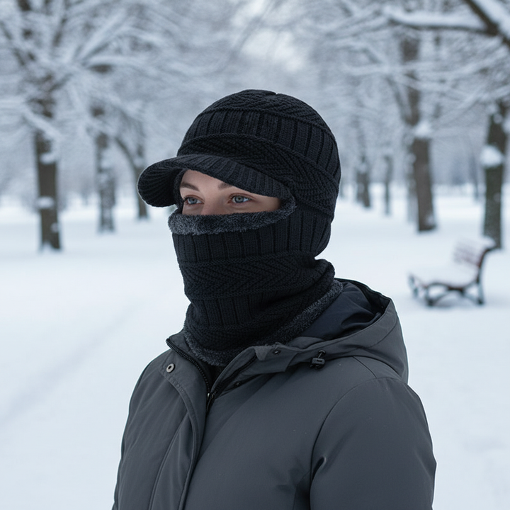 Unisex winter knit balaclava in black, integrated visor, warm