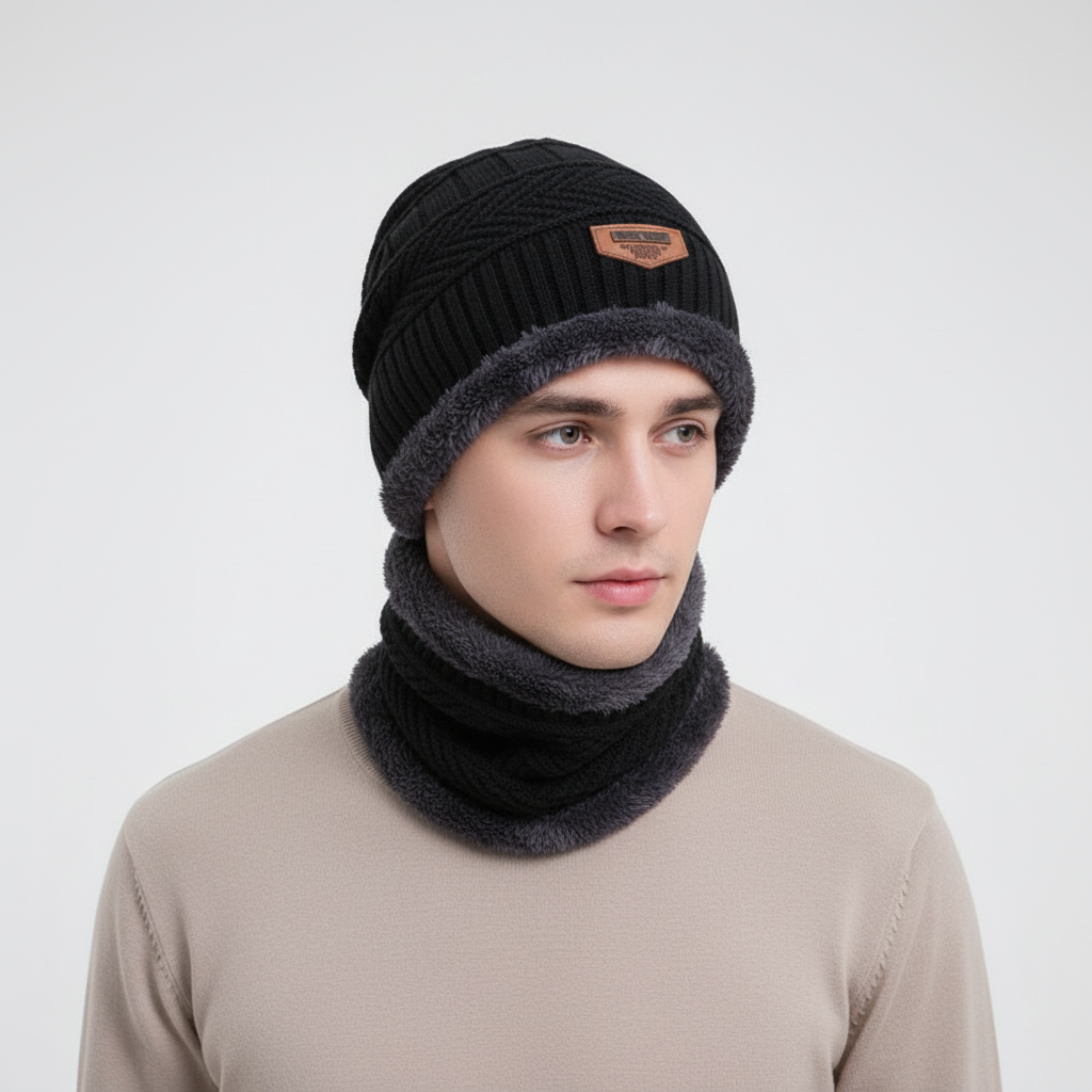 Cream white unisex knit balaclava, integrated visor, soft and warm