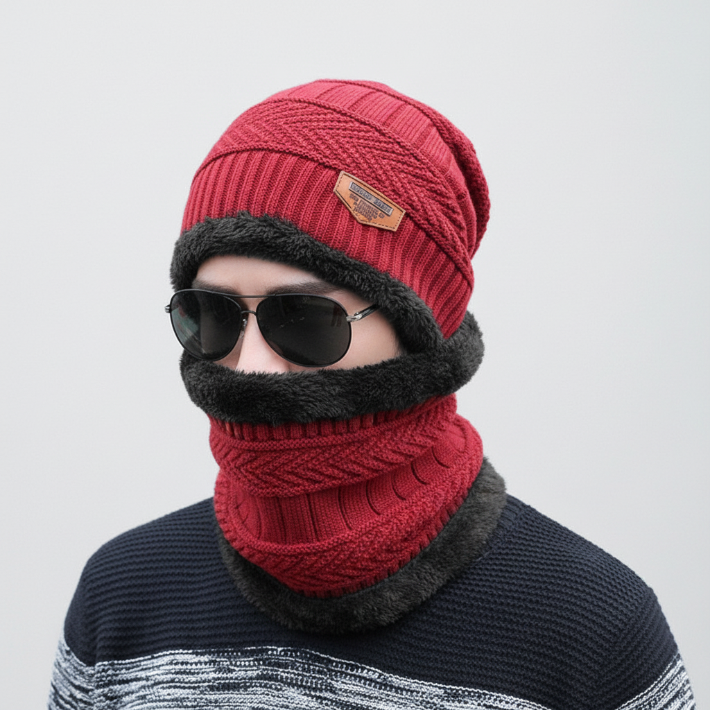 Elegant cream white knit balaclava, built-in visor, cozy winter wear