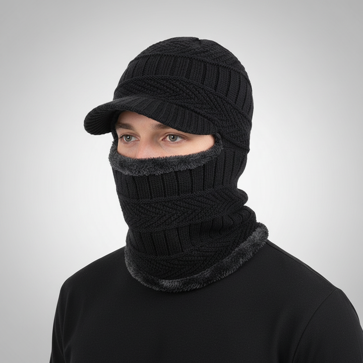 Black knit balaclava with attached visor, unisex winter headwear
