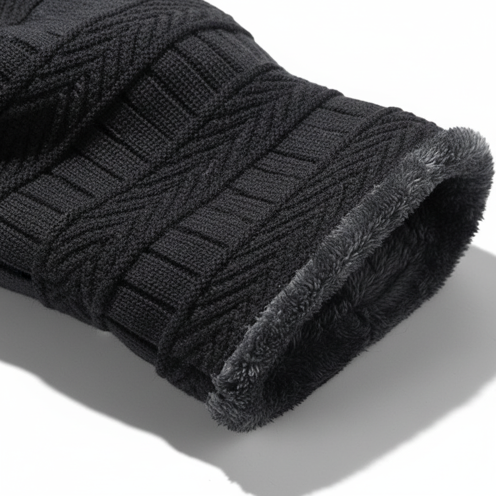 Cozy black knit balaclava, built-in visor, perfect for winter sports