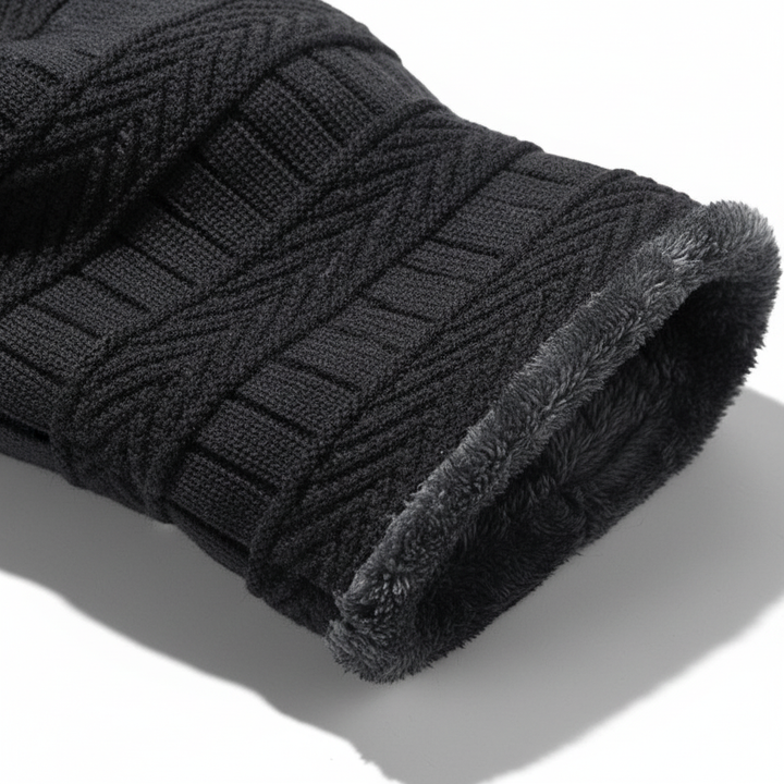 Cozy black knit balaclava, built-in visor, perfect for winter sports
