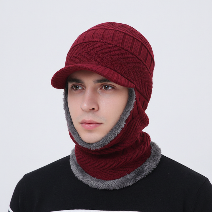 Dark grey knit balaclava with visor, essential winter face protection