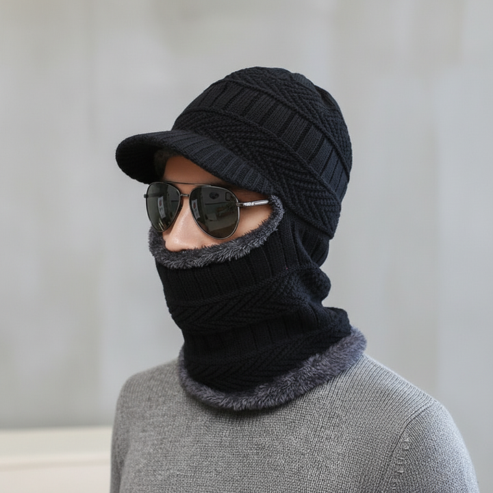 Warm dark grey knit balaclava with shield, unisex cold weather gear