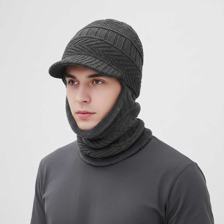Navy blue unisex knit balaclava, integrated sun visor, cold protection