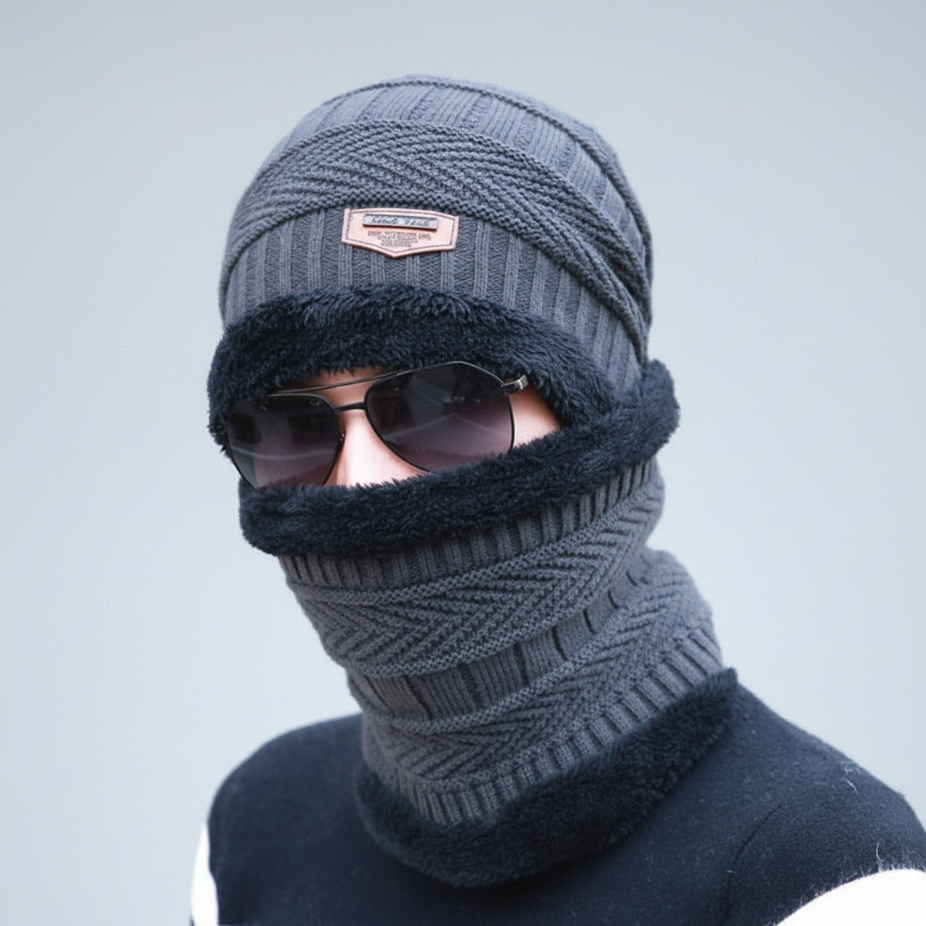 Navy knit balaclava with visor, ideal for winter outdoor activities