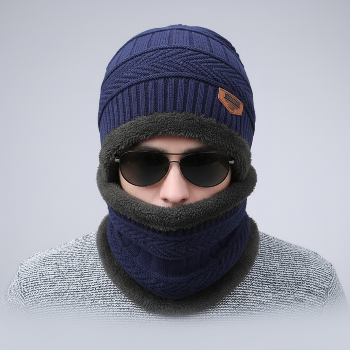 Comfortable navy blue knit balaclava, attached visor, winter fashion