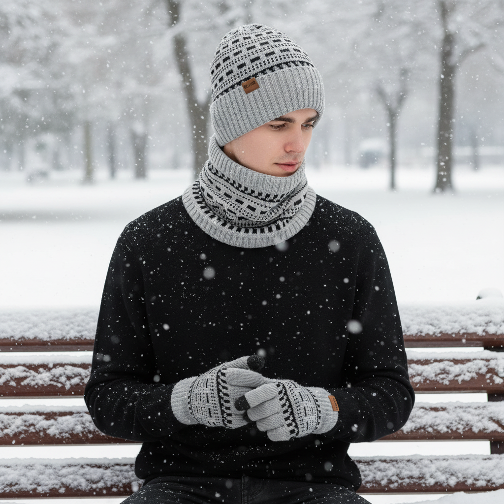 Unisex winter knitted beanie, scarf, and gloves set with warm fleece lining, ideal for cold weather