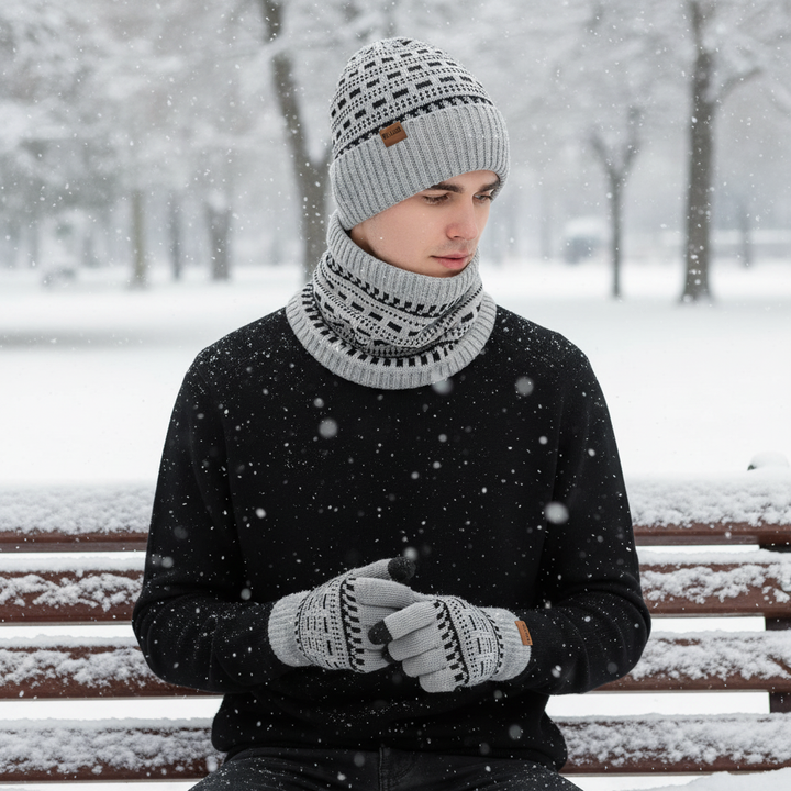 Unisex winter knitted beanie, scarf, and gloves set with warm fleece lining, ideal for cold weather