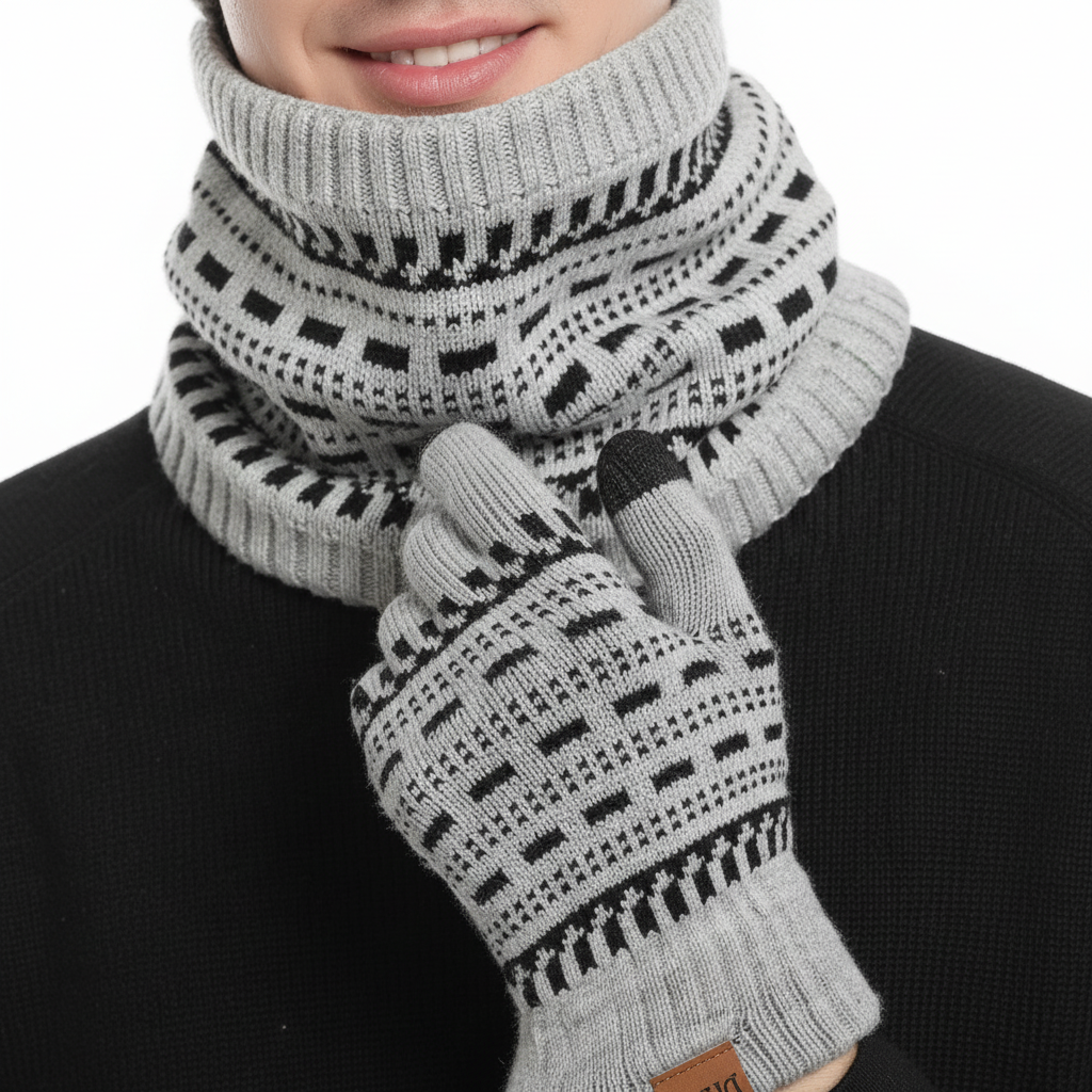 Warm knitted scarf, part of a unisex fleece-lined winter set, perfect cold weather accessory