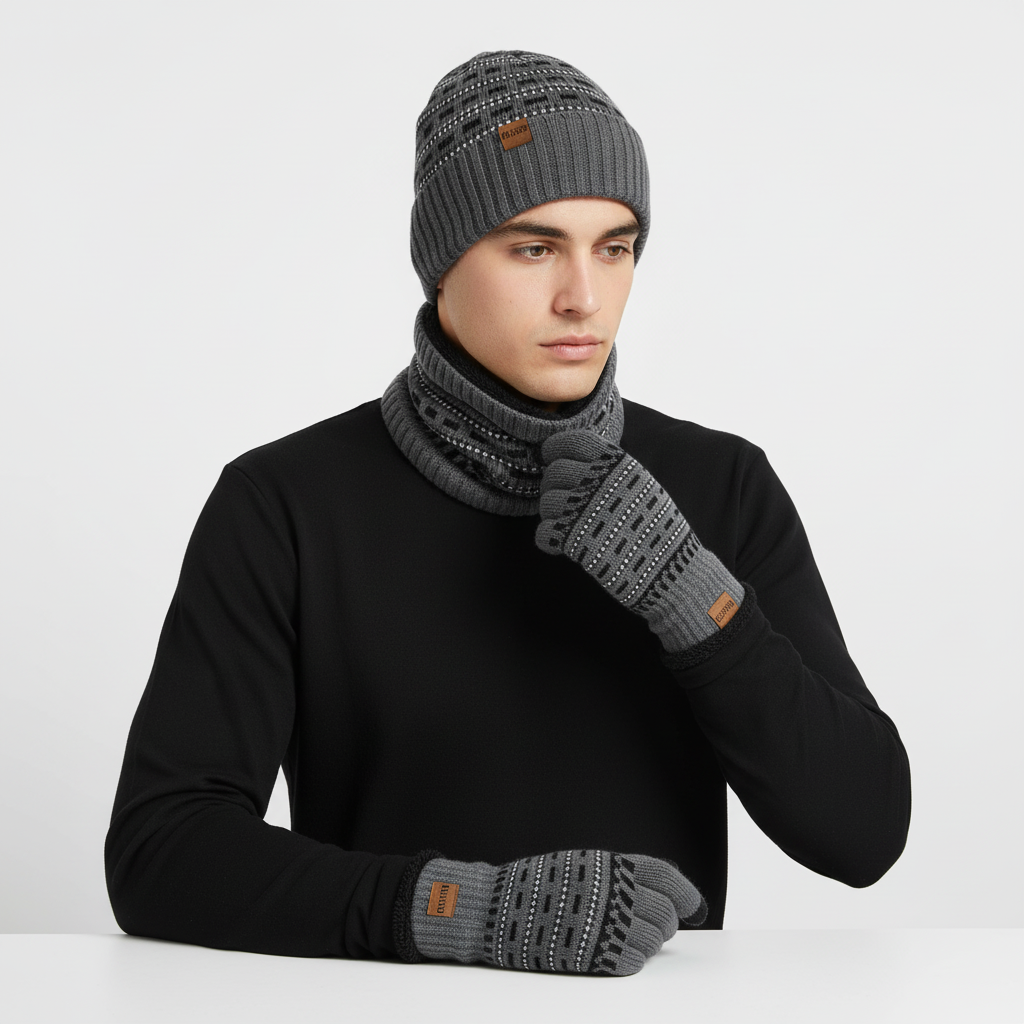Pair of knitted gloves from a unisex winter set, designed with fleece lining for extra warmth