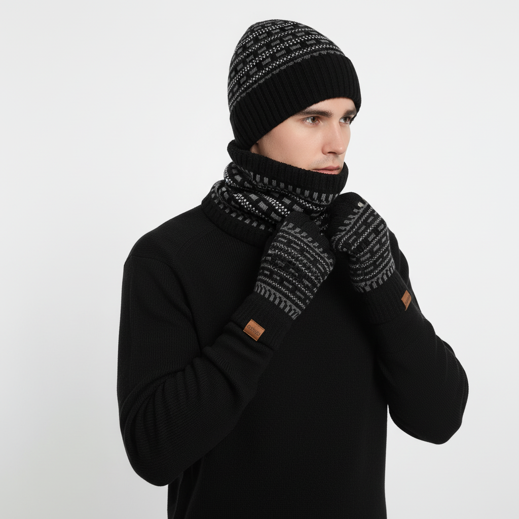 Complete unisex winter knit set: beanie, scarf, & gloves, fleeced for thermal protection