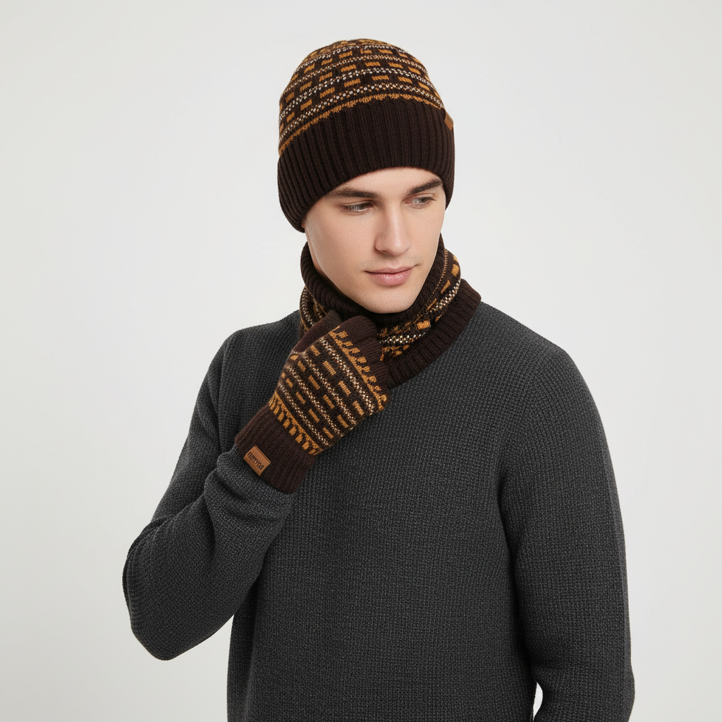 Close-up of the knitted texture on a fleece-lined beanie from a unisex winter accessory set