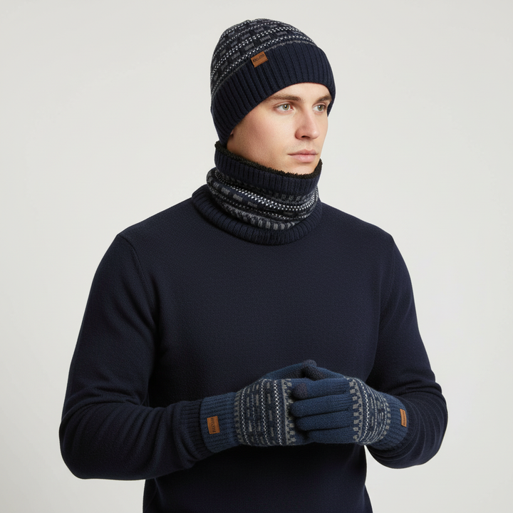 Stylish unisex winter knitted set, including beanie, scarf, and gloves, in a neutral color