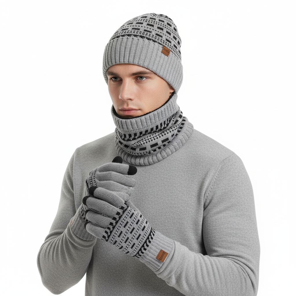 Fleece-lined knitted winter set for men and women, featuring a beanie, scarf, and gloves