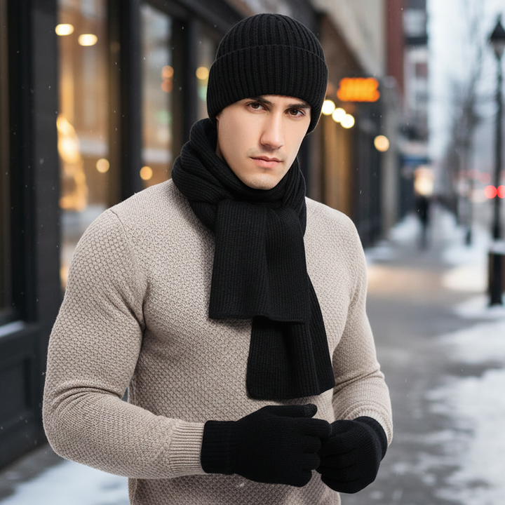 Unisex winter knitted hat, scarf, and gloves set in gray, ideal for cold weather fashion.
