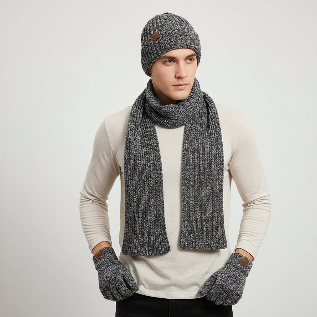 Unisex winter essentials: gray knitted beanie, long scarf, and gloves for ultimate comfort.