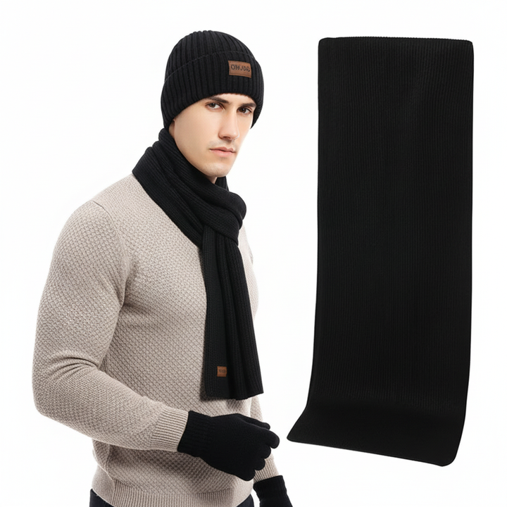 Gift-ready knitted winter hat, scarf, and gloves set in a versatile gray color.
