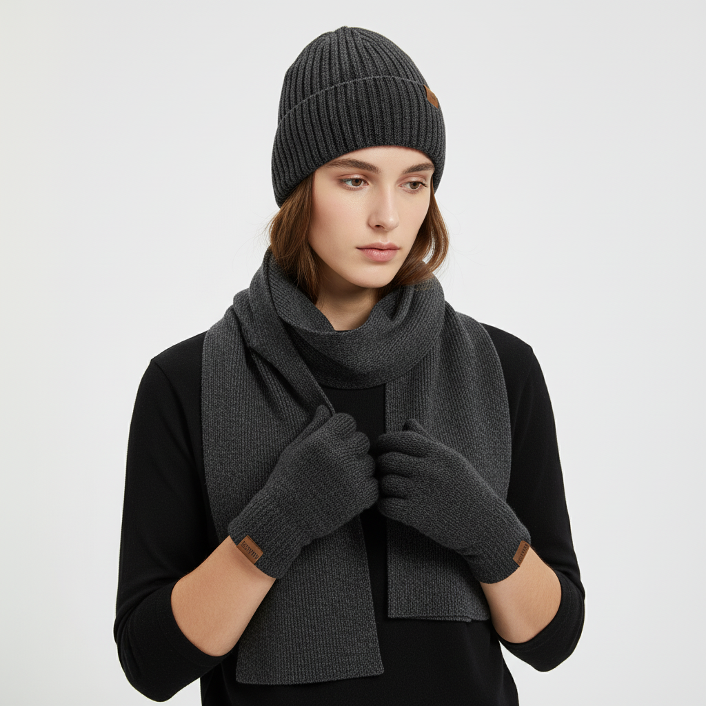 Matching gray knitted hat, scarf, and gloves, a must-have winter accessory set.